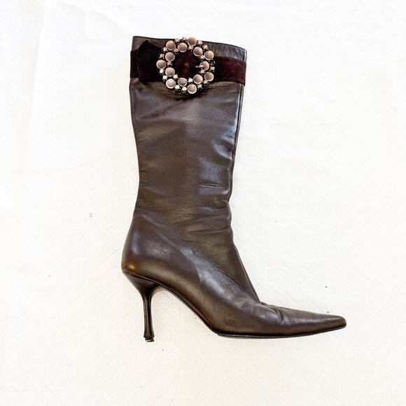 Escada Brown Leather Pointy Toe Embellished Heeled Knee High Boots Size 38 - Picture 1 of 7